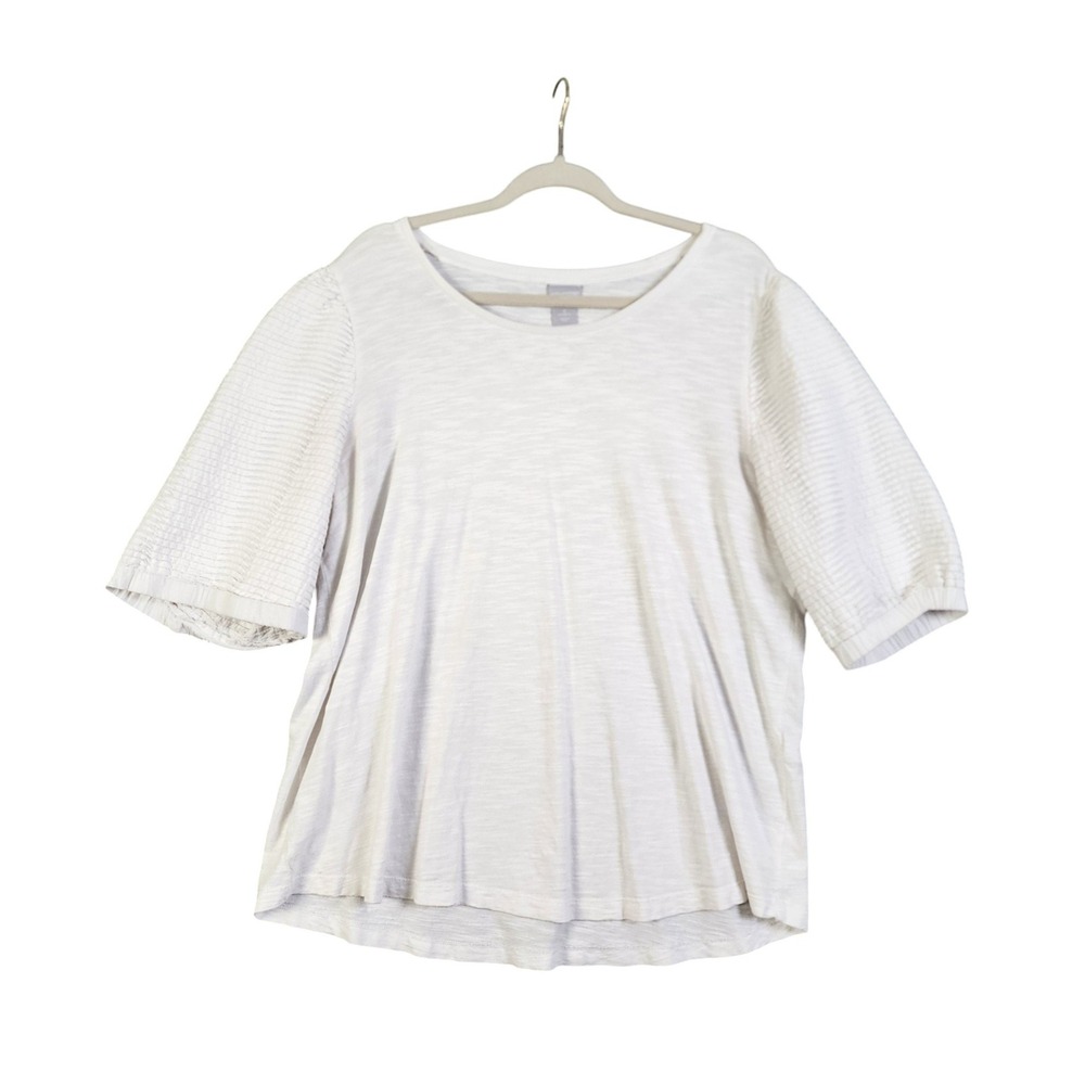 Chicos Womens Slub Knit Textured Puff Sleeve‎ Top Size XL White Cotton Modal